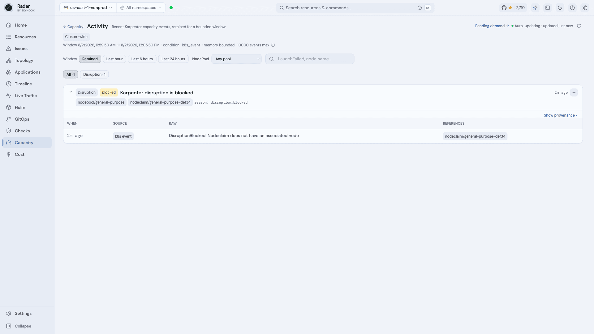 An Activity episode reading "Karpenter disruption is blocked", tagged to nodepool/general-purpose and nodeclaim/general-purpose-def34, with the raw k8s event "DisruptionBlocked: Nodeclaim does not have an associated node"