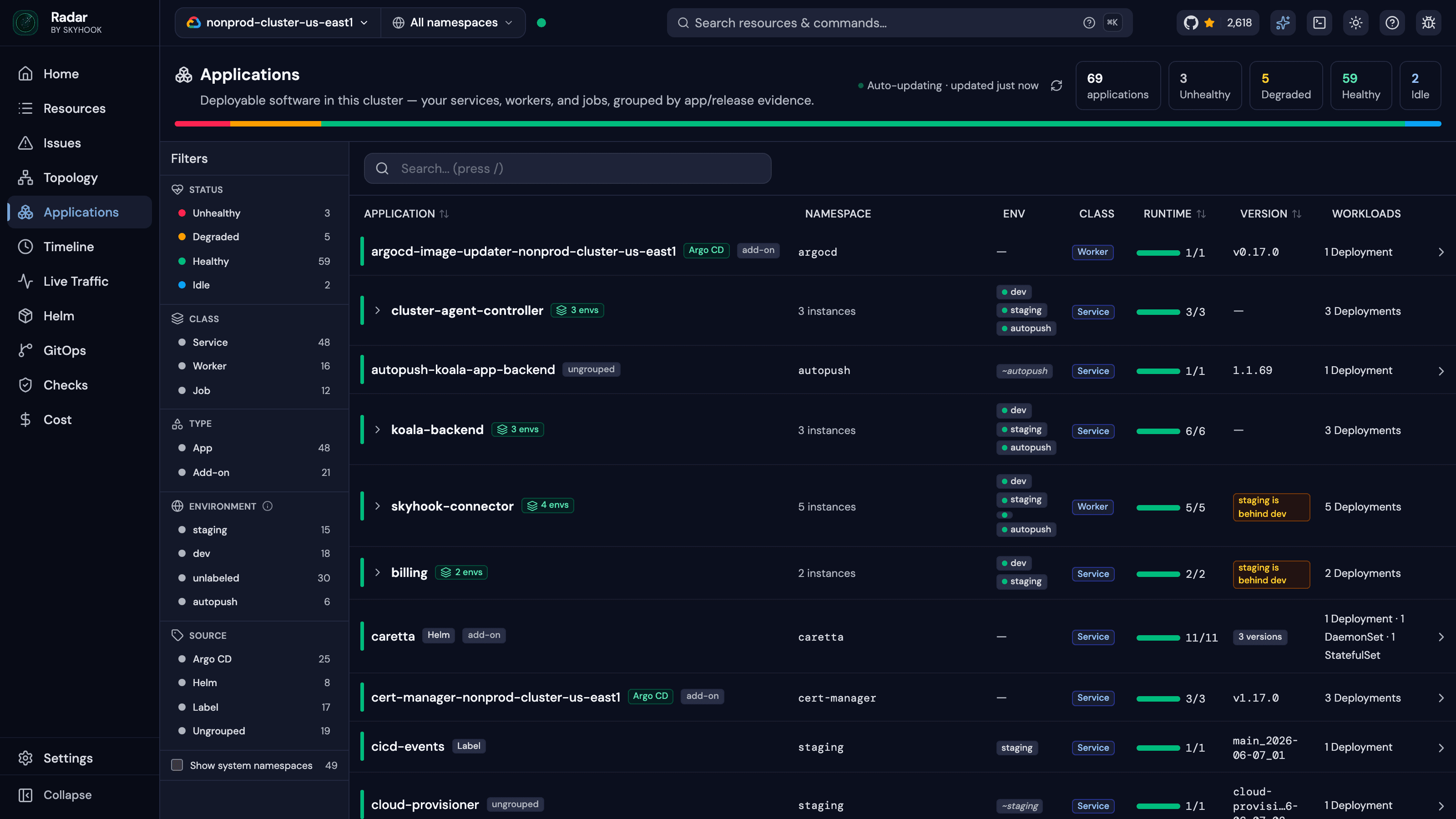Radar's Applications view - a cluster's software grouped from workload evidence, with class badges, environment chips, skew warnings, and per-app health