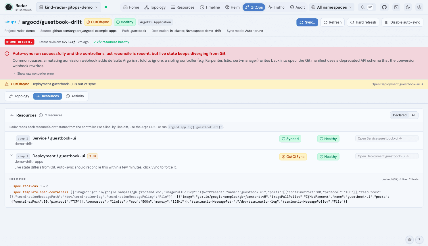 Radar GitOps detail page - stuck-drift-loop diagnosis with field-level diff on the affected Deployment