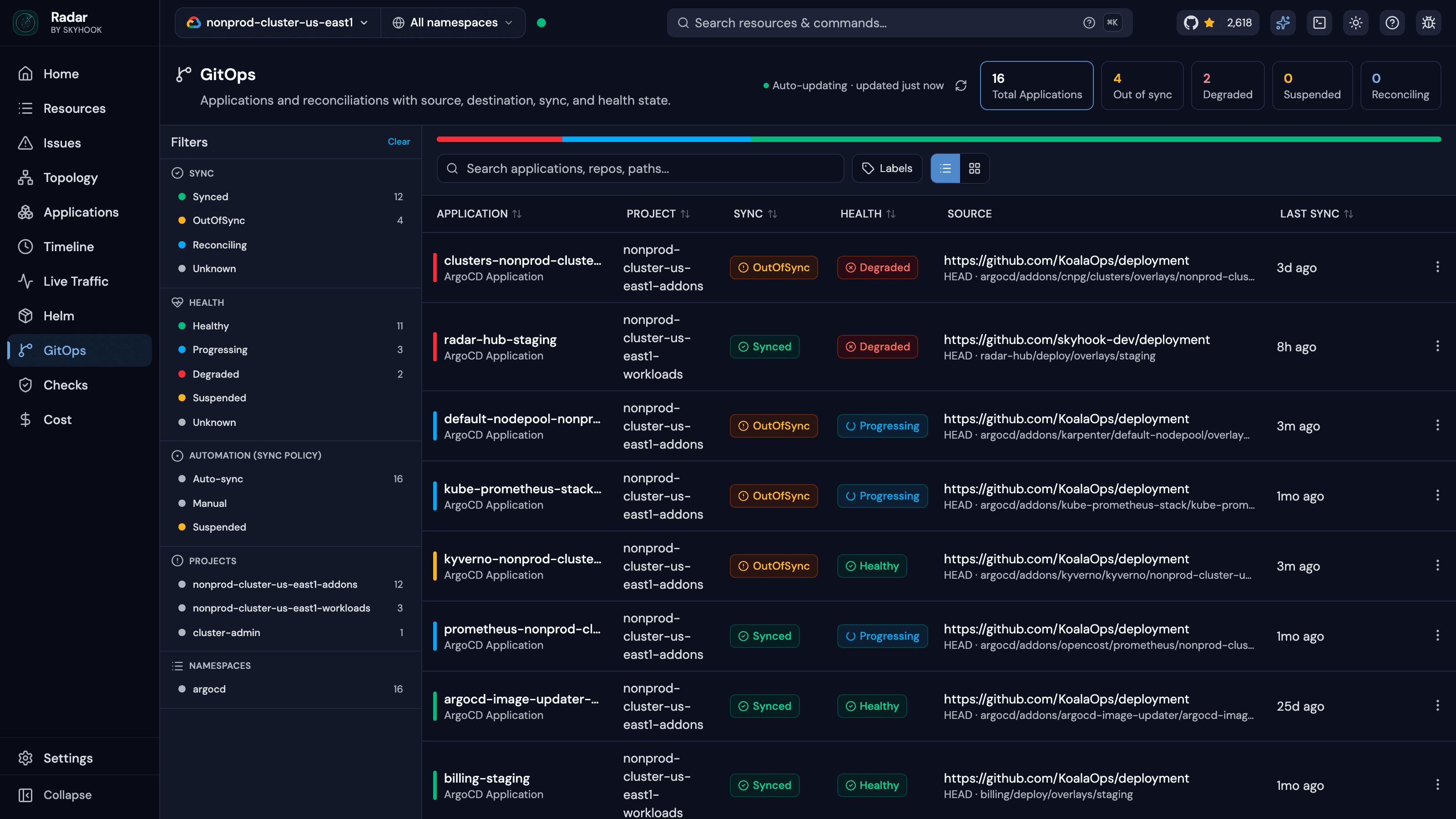 Radar GitOps view - ArgoCD applications with sync, health, source repo, and last-sync state, filtered by sync, health, and automation policy