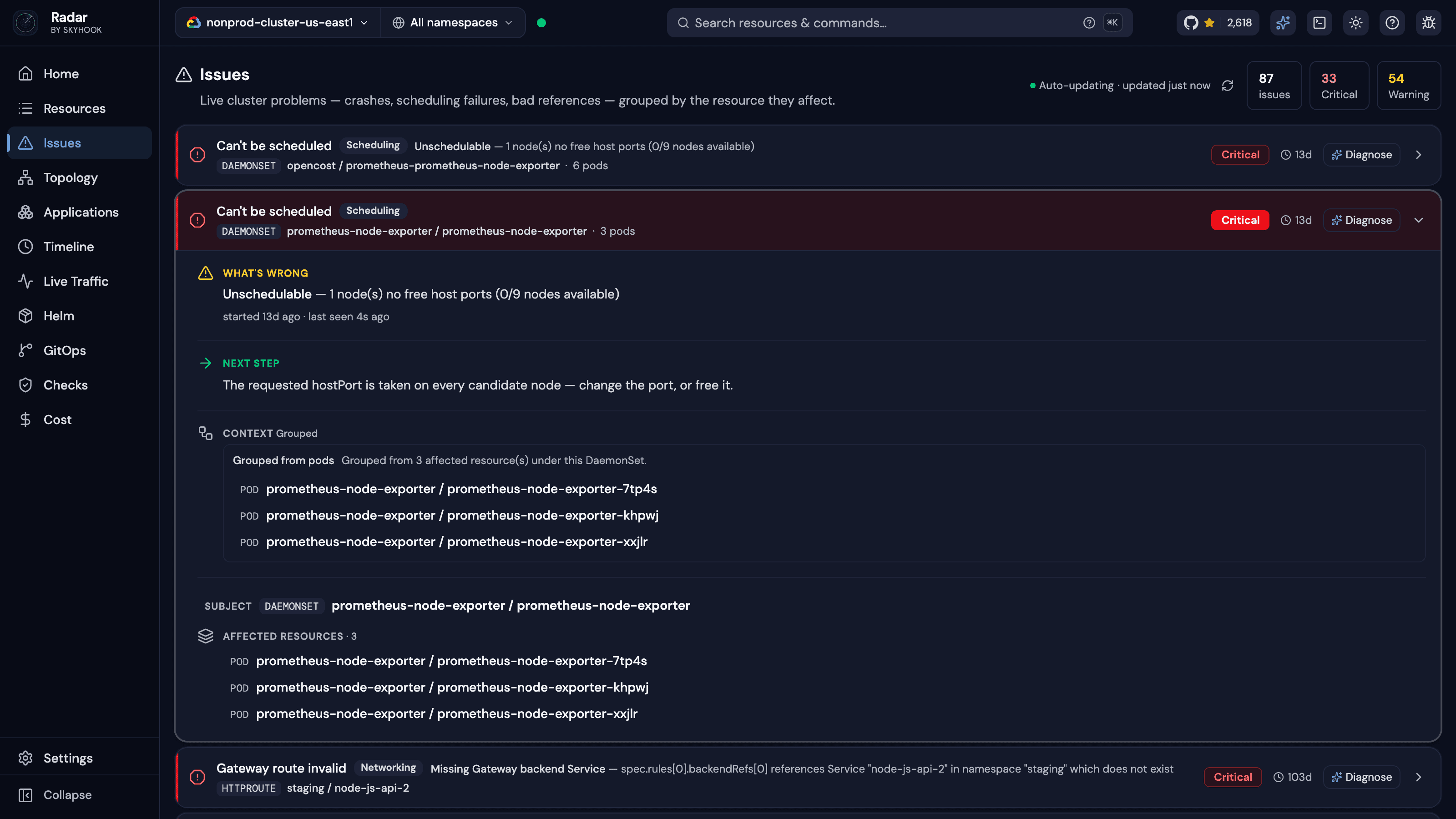 Radar's Issues view with one issue expanded - what's wrong, the next step to fix it, and the pods it was grouped from