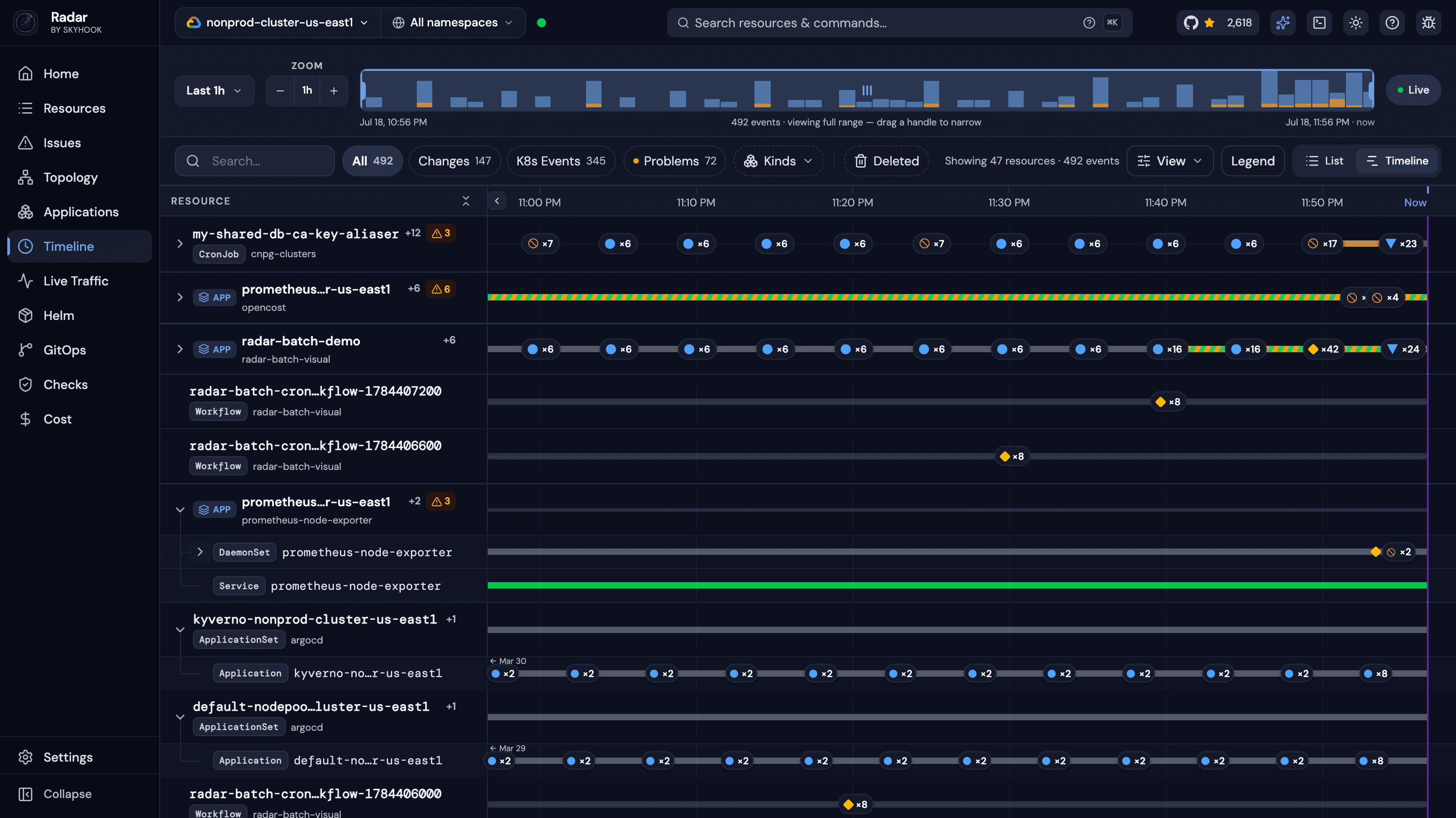 Radar timeline showing Kubernetes events and resource changes over time with problem lanes and a live edge