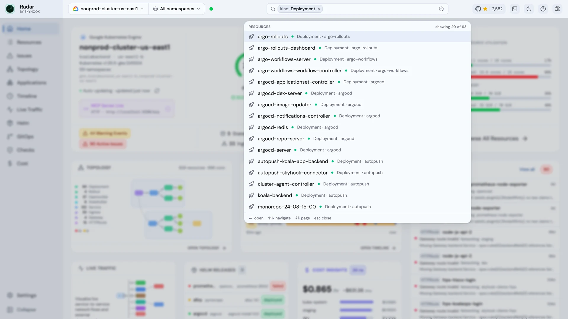 Radar's global search with a kind: Deployment filter pill applied, ranking matching workloads across every namespace in the cluster